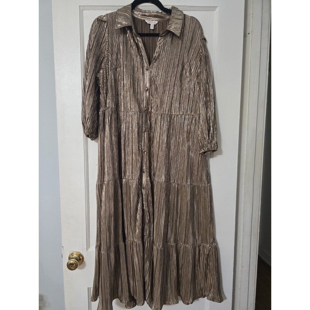 CROWN & IVY, COLLARED, BUTTON DOWN, PUFF 3/4 SLEEVE, TIERED, MAXI DRESS, Medium